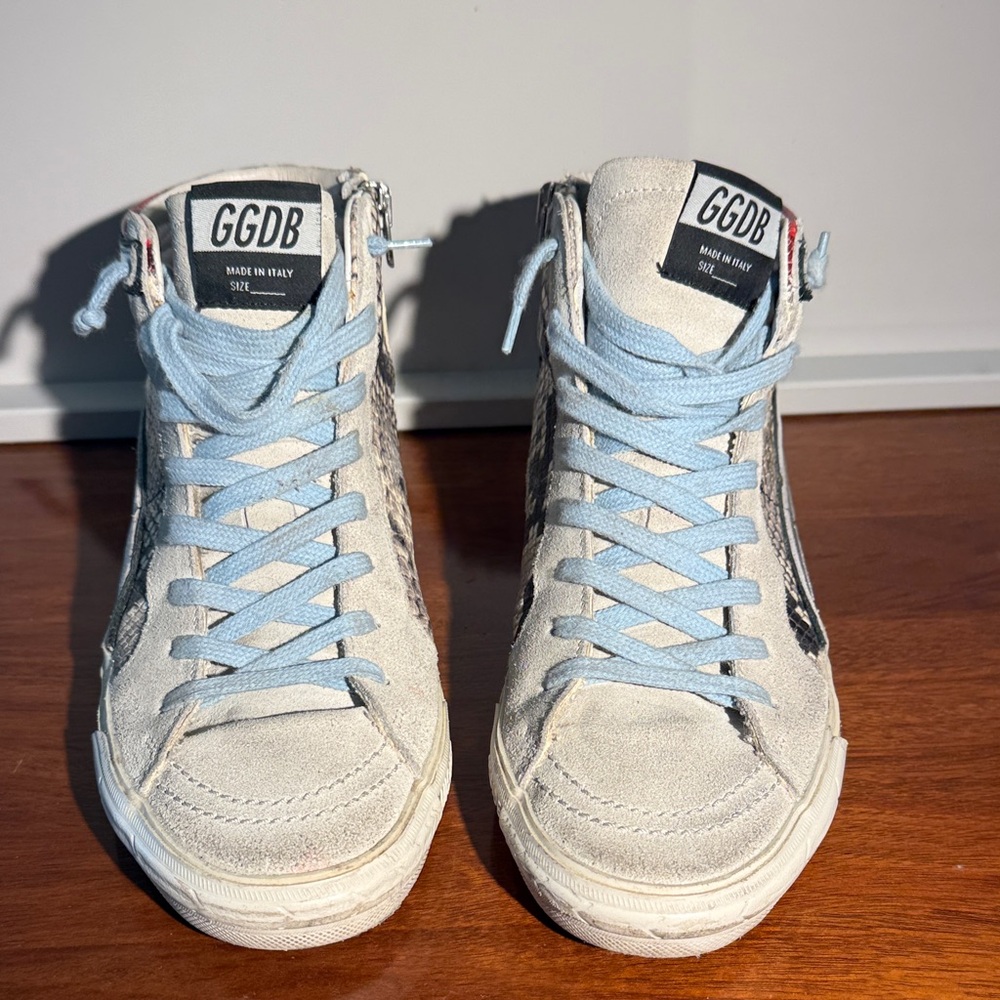 Golden Goose Beige Suede High-Top Sneakers with Light Blue Laces